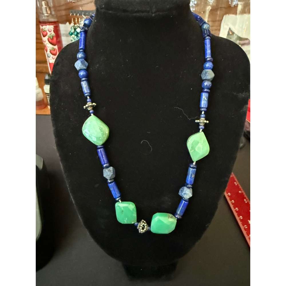 Tourmaline Blue Glass Beaded Necklace 16in Heart Arrow 925 Toggle Clasp